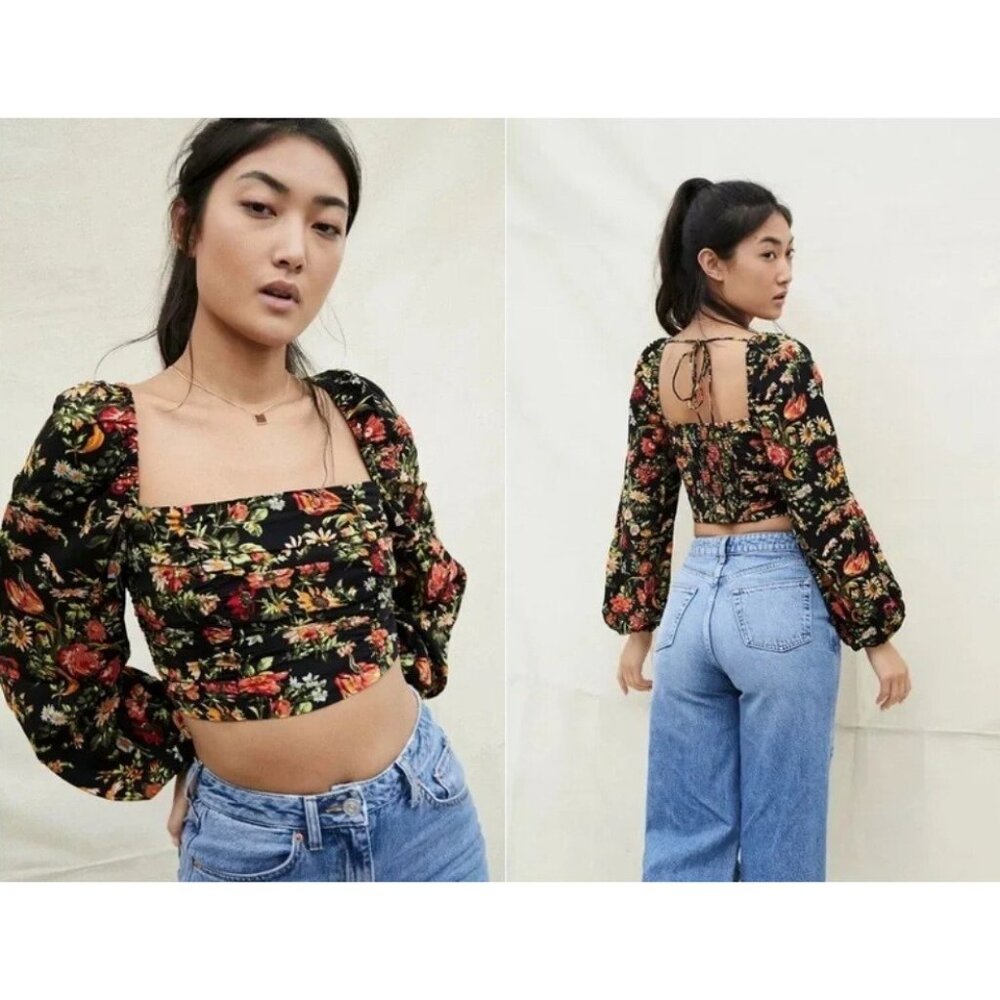 Urban Outfitters Floral Bambi Crop Top Size Small Floral Peasant Smocked Ruched - Picture 2 of 10